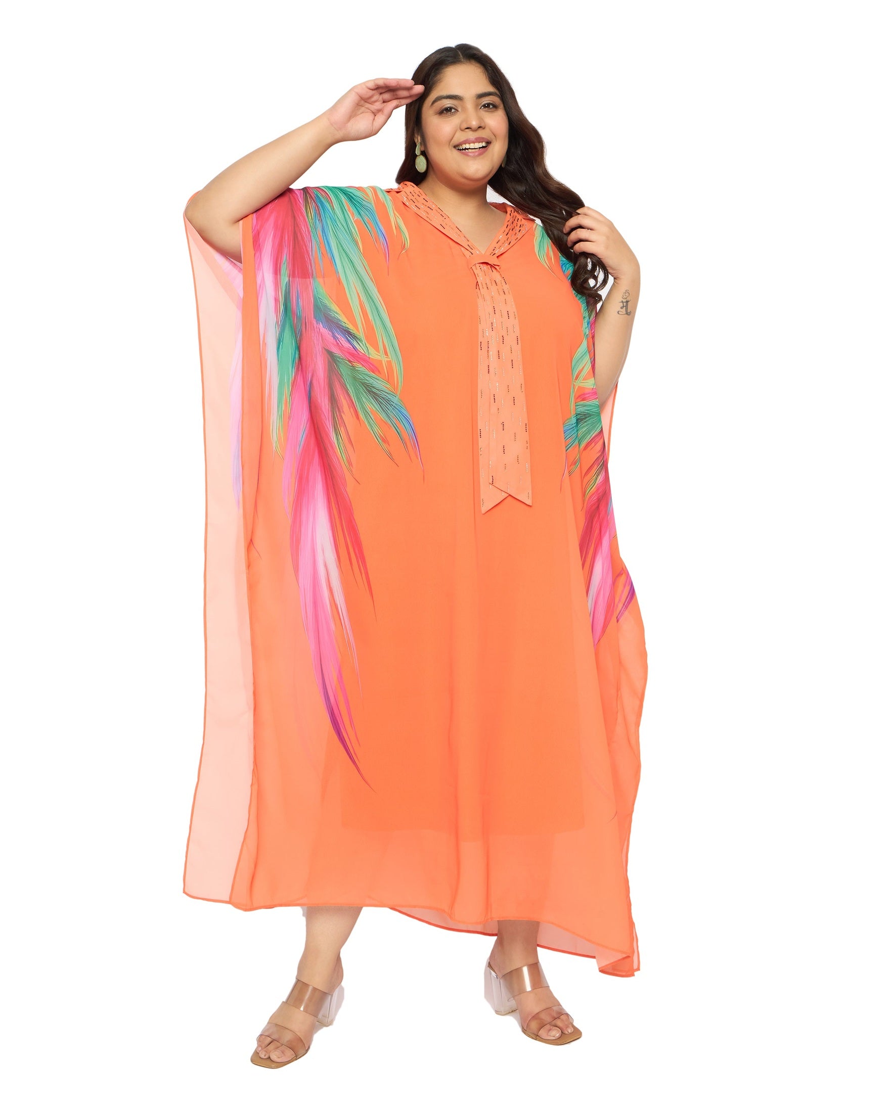 Leaf Orange Georgette Plus Size Party Wear Kaftan Dress for Women