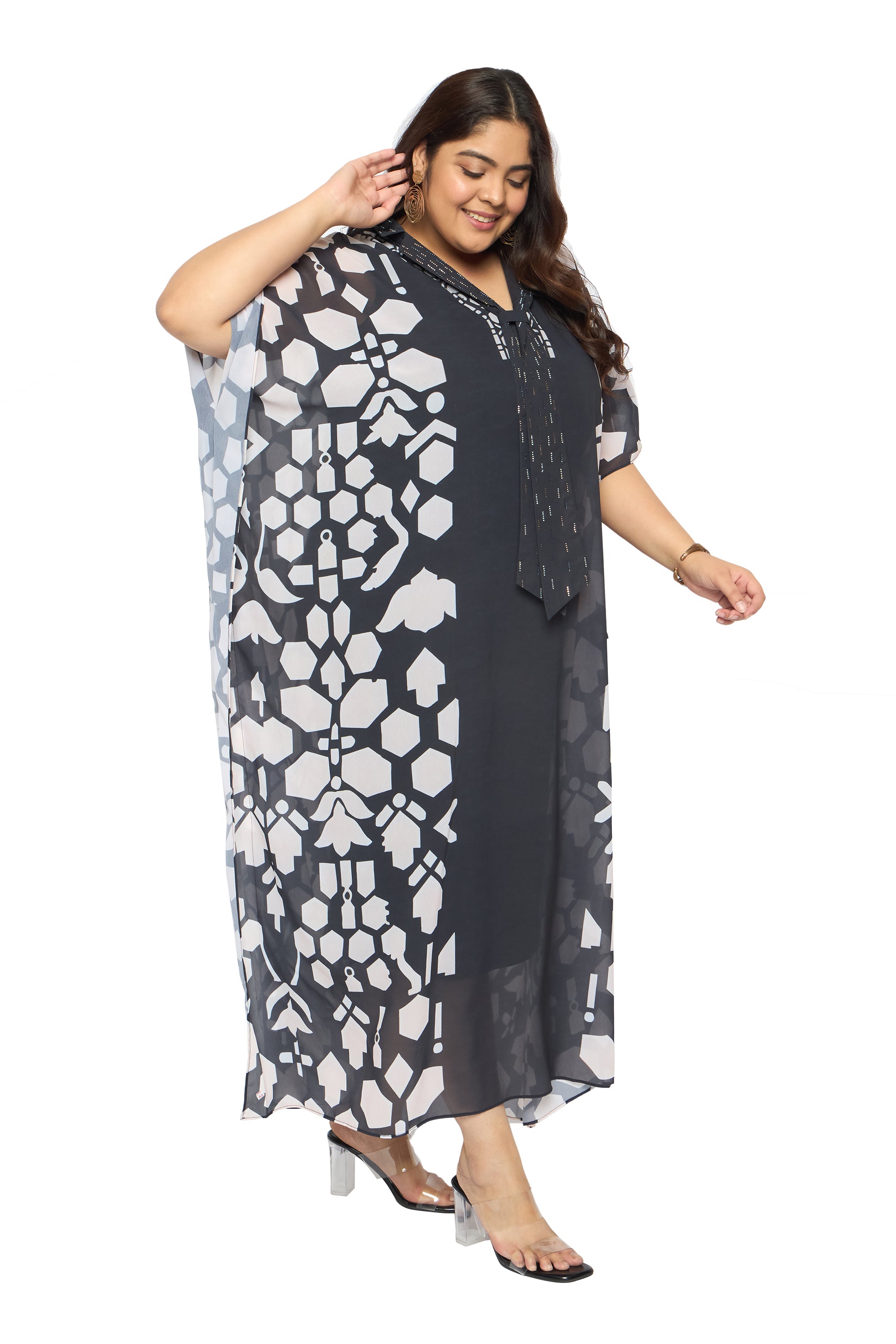 Black Geometric Georgette Plus Size Maxi Length Collared Neck Kaftan Dress for Women