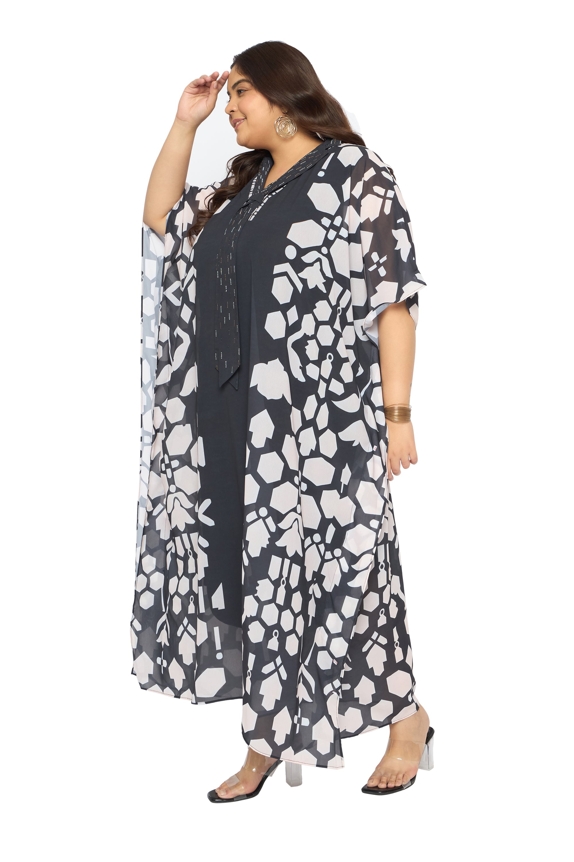 Black Geometric Georgette Plus Size Maxi Length Collared Neck Kaftan Dress for Women