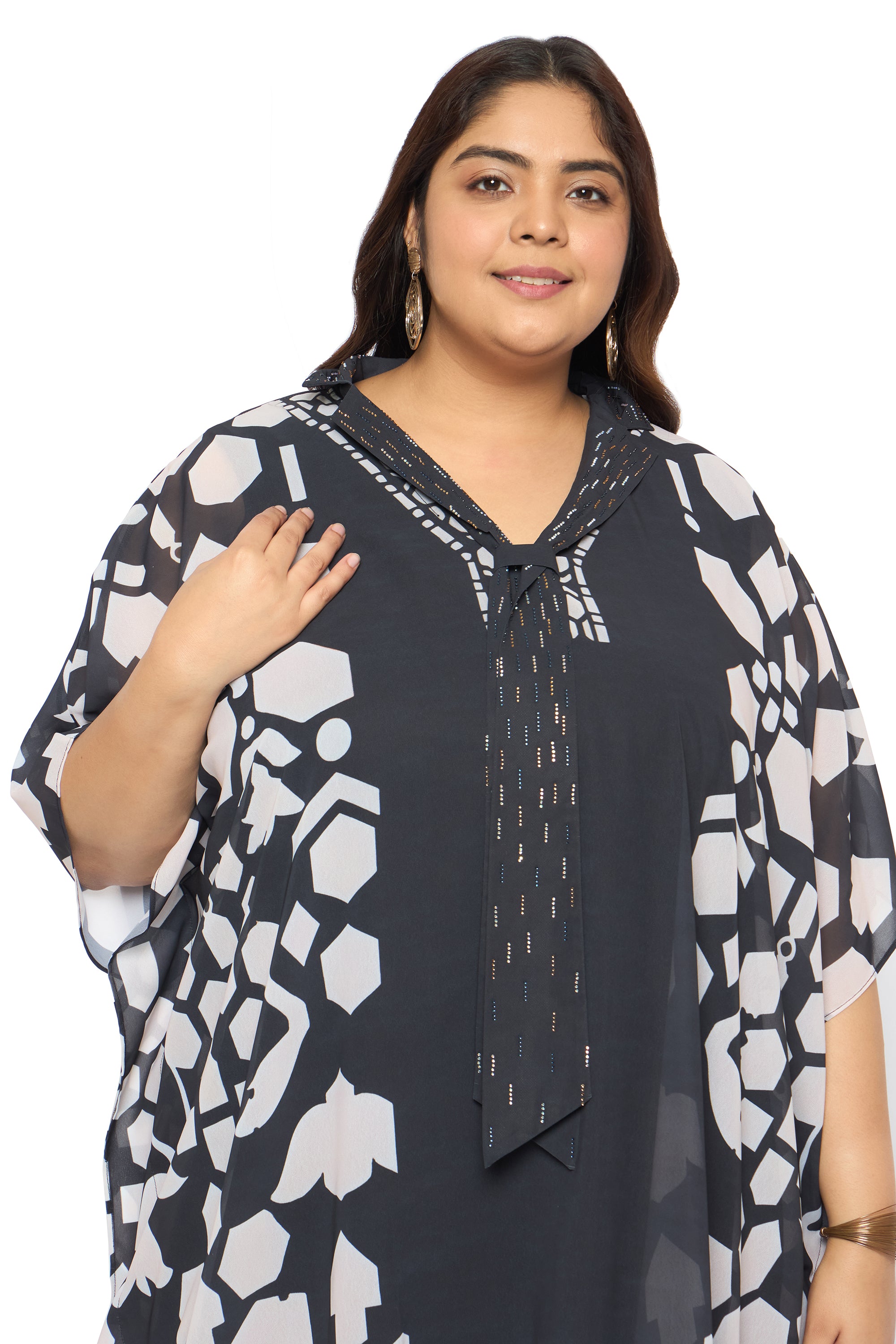 Black Geometric Georgette Plus Size Maxi Length Collared Neck Kaftan Dress for Women