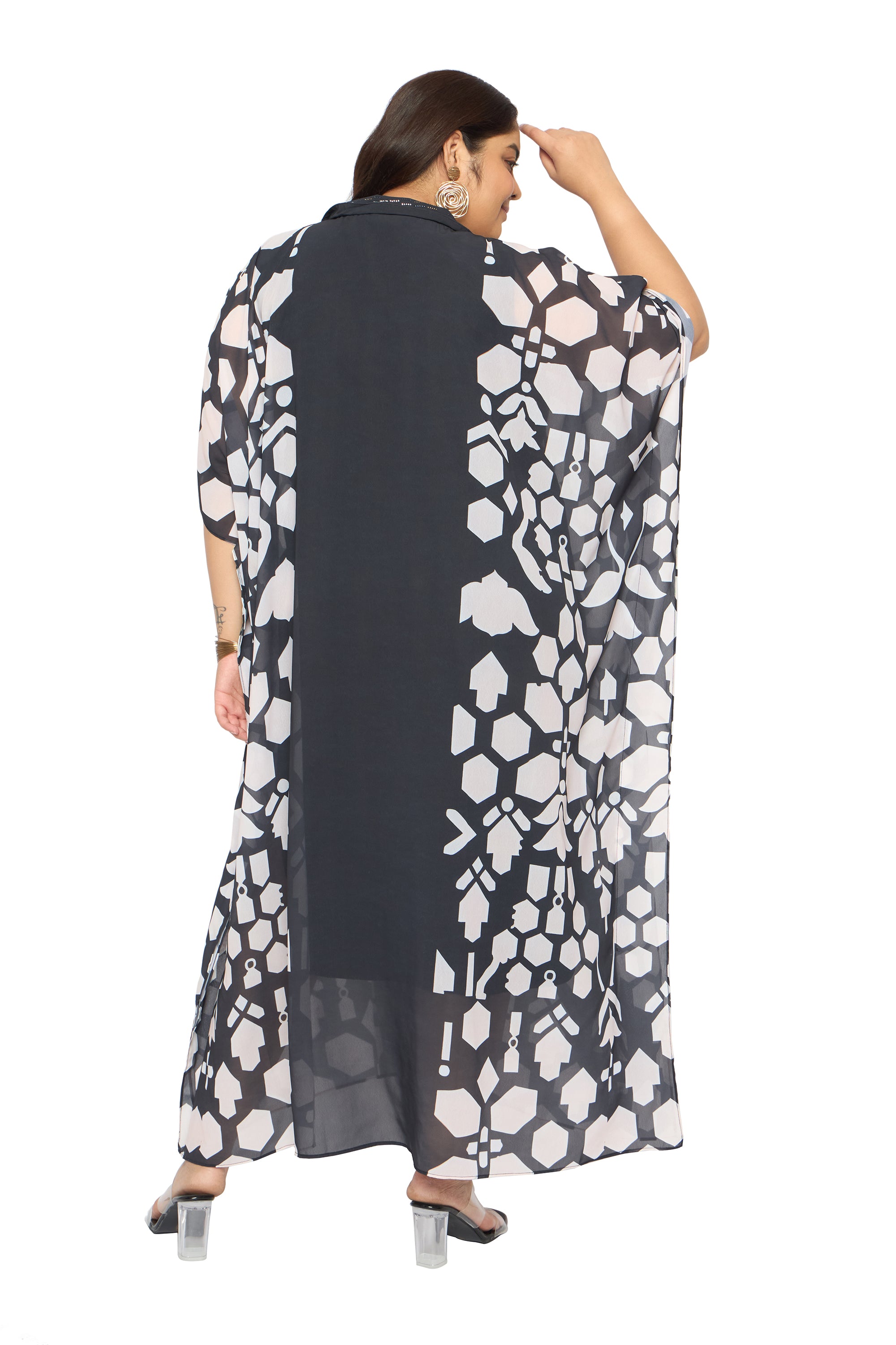 Black Geometric Georgette Plus Size Maxi Length Collared Neck Kaftan Dress for Women