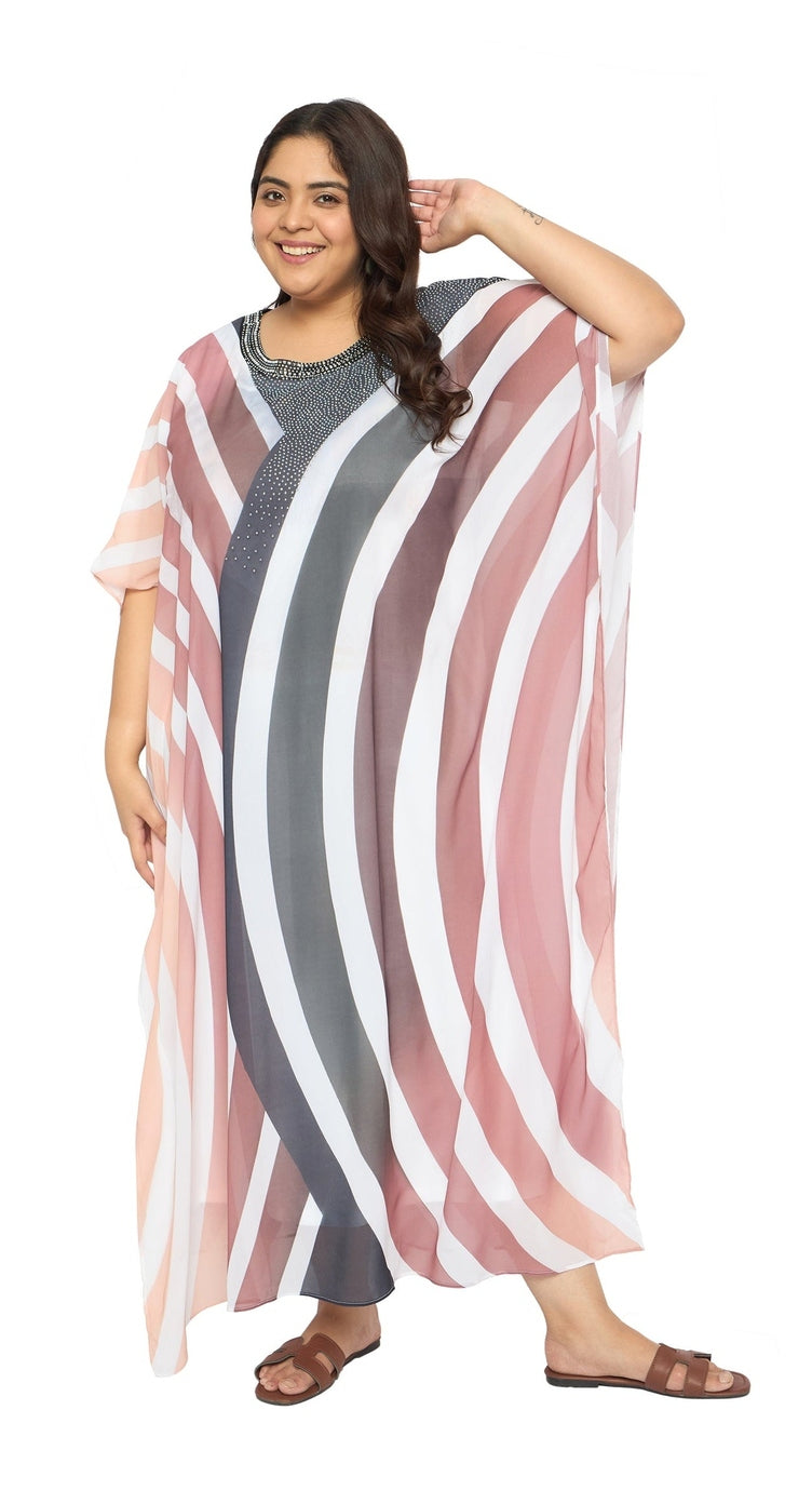 Multicolor Striped Georgette Women Plus Size Kaftan Poolside Dress - SKU GKT-1007 M - Gypsie Blu