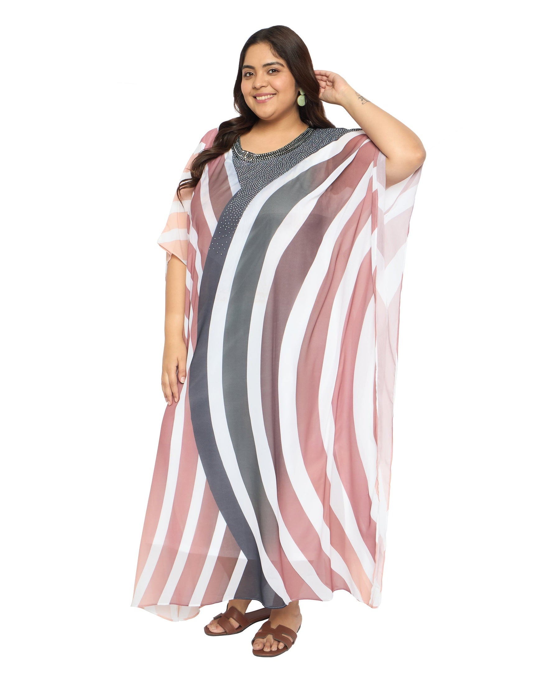 Multicolor Striped Georgette Women Plus Size Kaftan Poolside Dress
