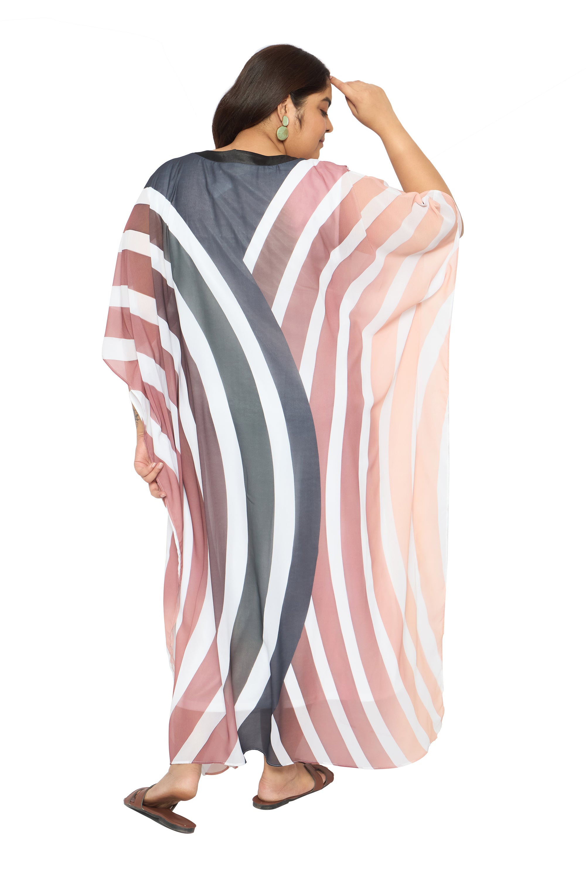Multicolor Striped Georgette Women Plus Size Kaftan Poolside Dress