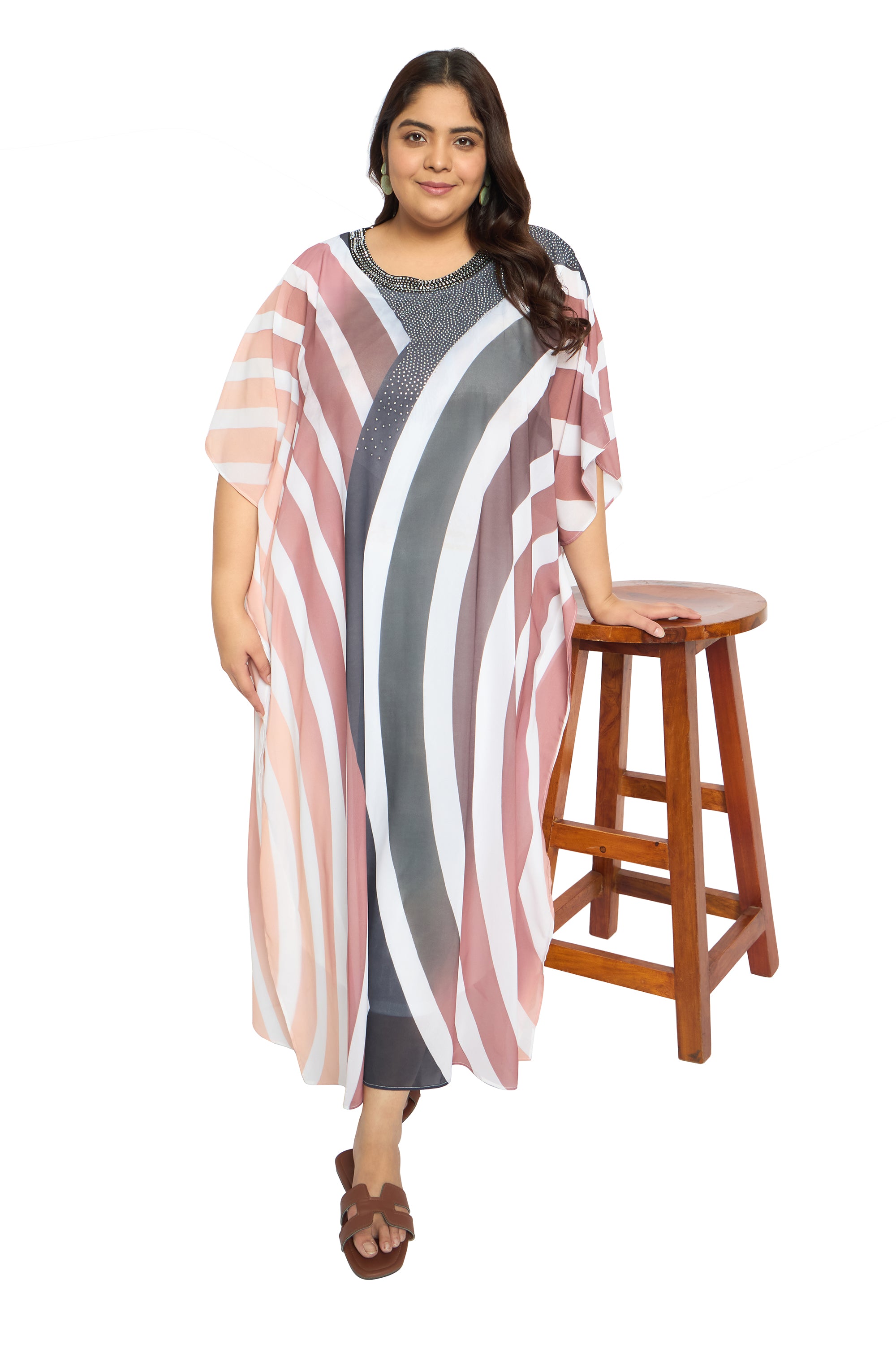 Multicolor Striped Georgette Women Plus Size Kaftan Poolside Dress