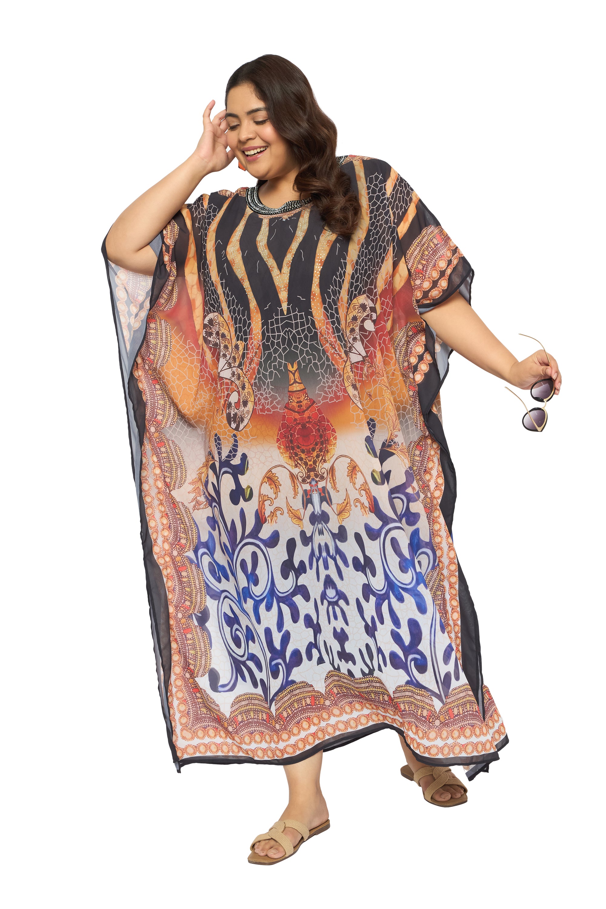 Multicolor Tribal Georgette Women Plus Size Kaftan Brunch Dress