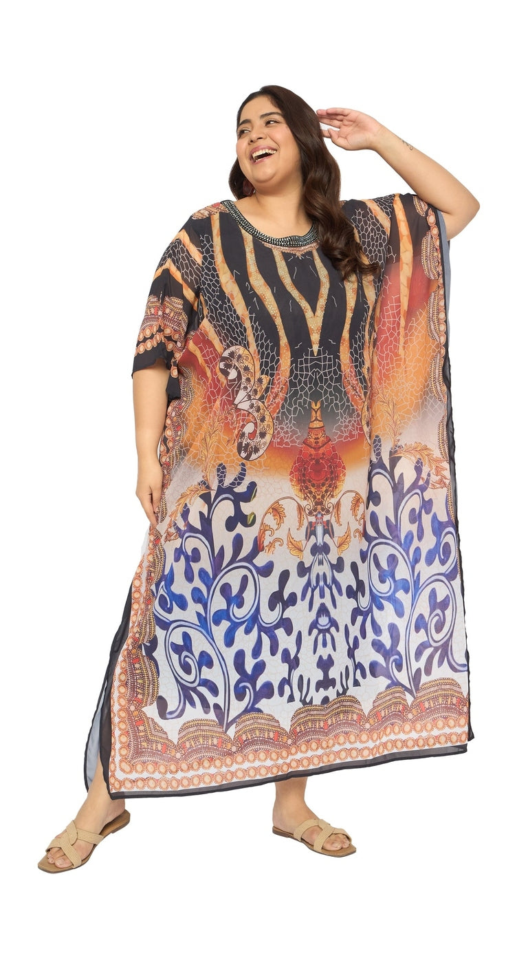 Multicolor Tribal Georgette Women Plus Size Kaftan Brunch Dress - SKU GKT-1008 M - Gypsie Blu