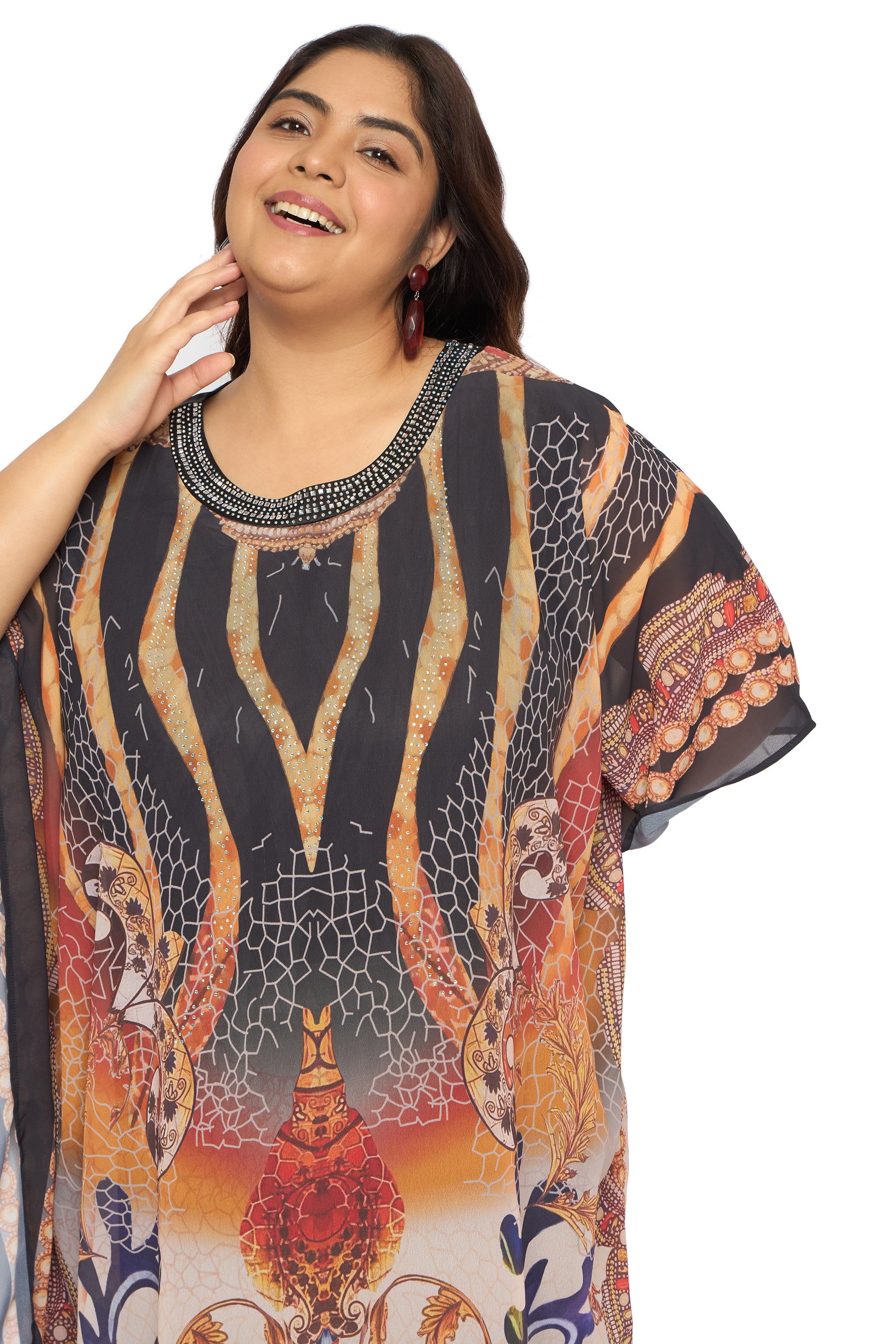 Multicolor Tribal Georgette Women Plus Size Kaftan Brunch Dress