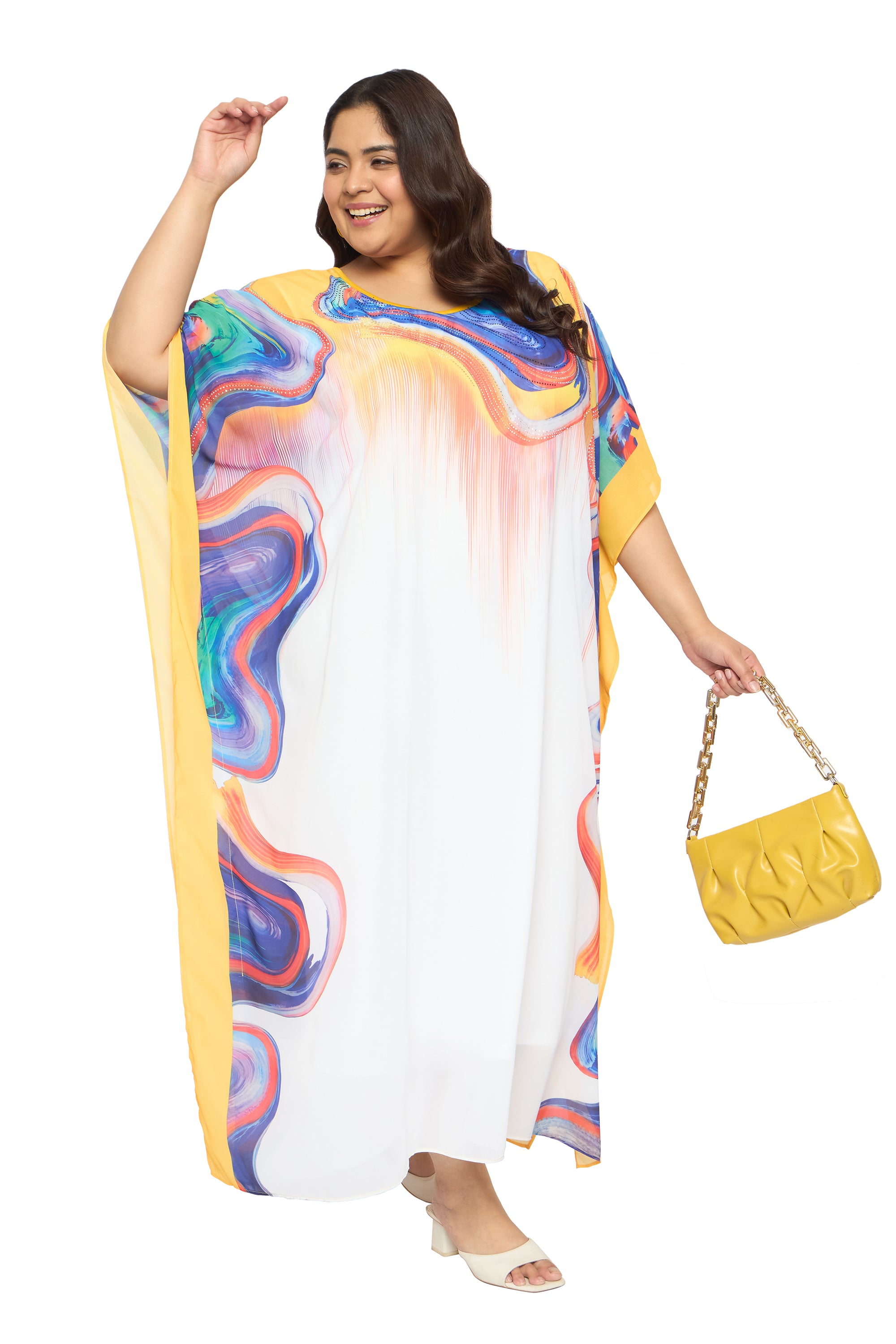 Multicolor Abstract Georgette Women Plus Size Kaftan Party Dress