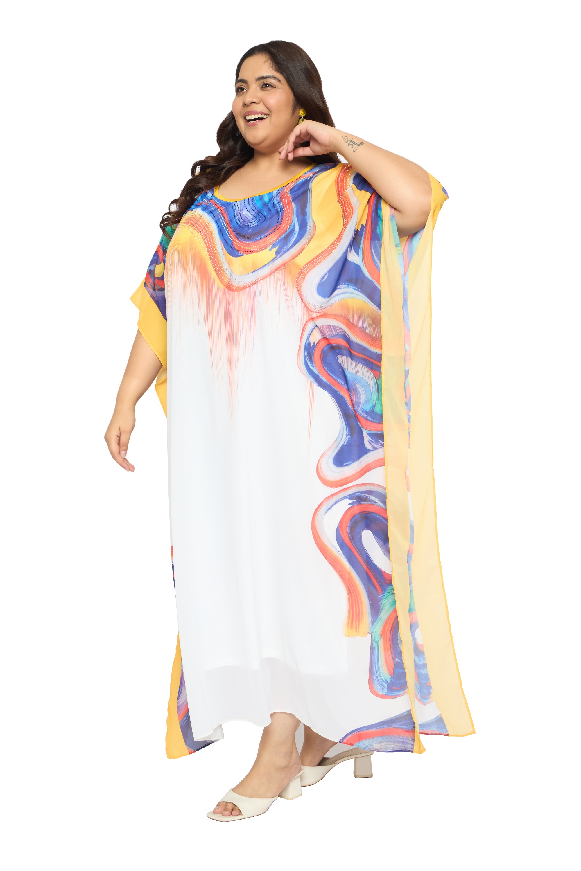 Multicolor Abstract Georgette Women Plus Size Kaftan Party Dress