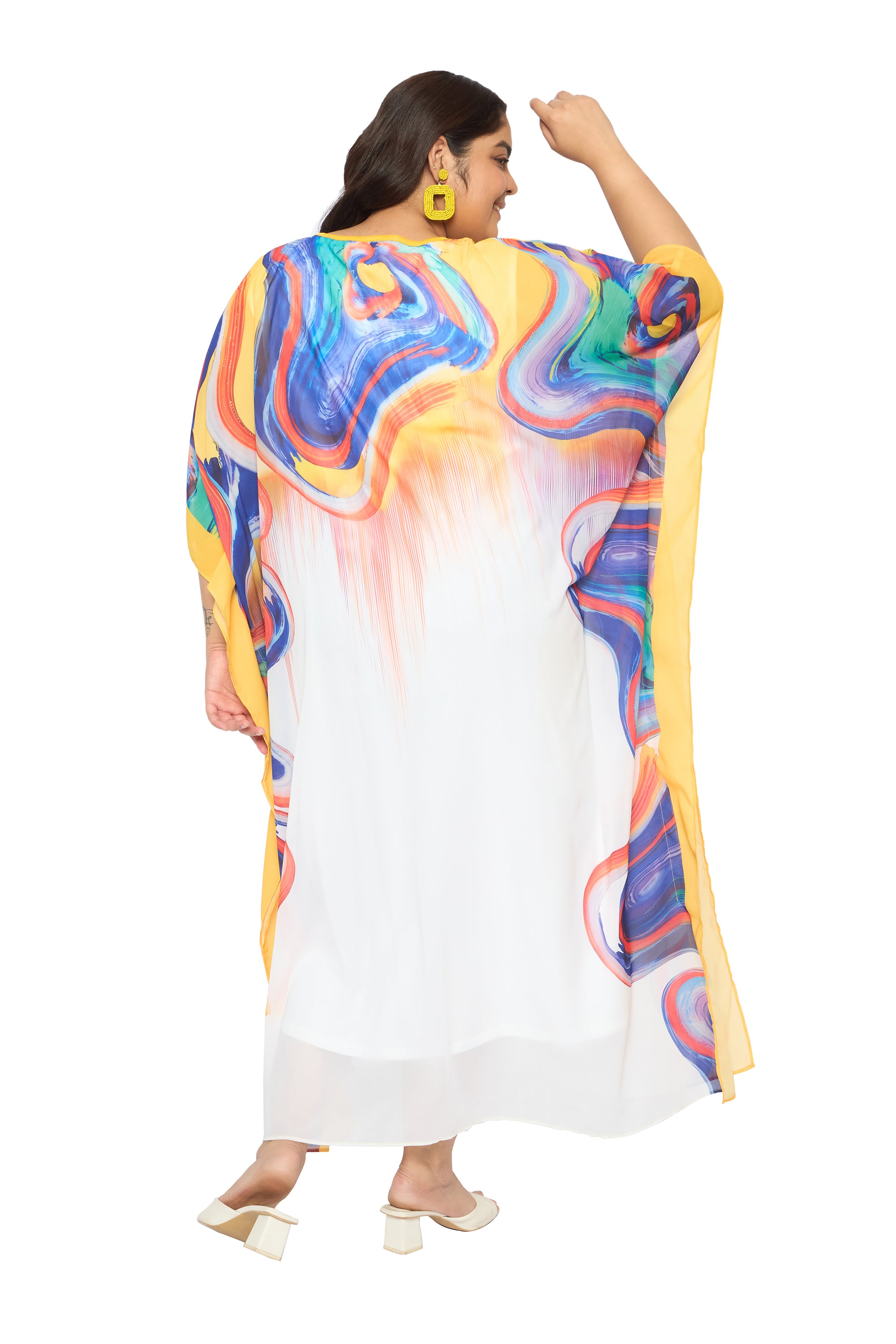 Multicolor Abstract Georgette Women Plus Size Kaftan Party Dress