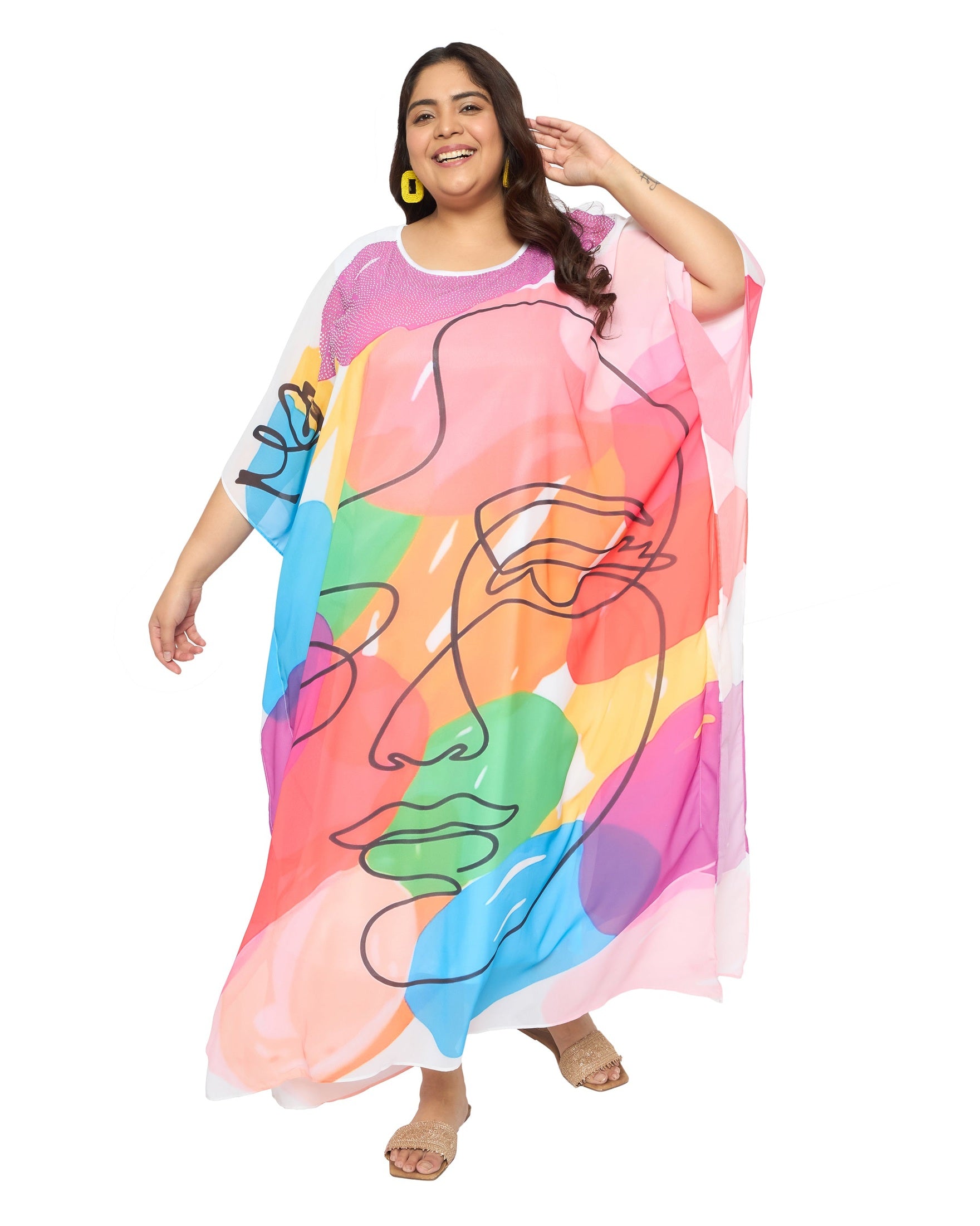 Lady Print Multicolor Georgette Kaftan Dress for Plus Size Women