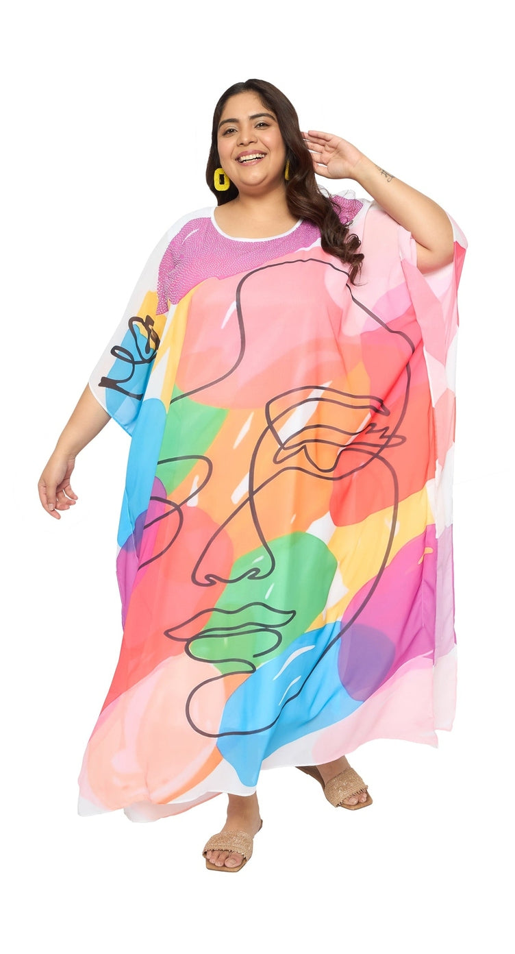 Multicolor Lady Print Georgette Kaftan for Women Plus Size Resort Wear - SKU GKT-1012 M - Gypsie Blu
