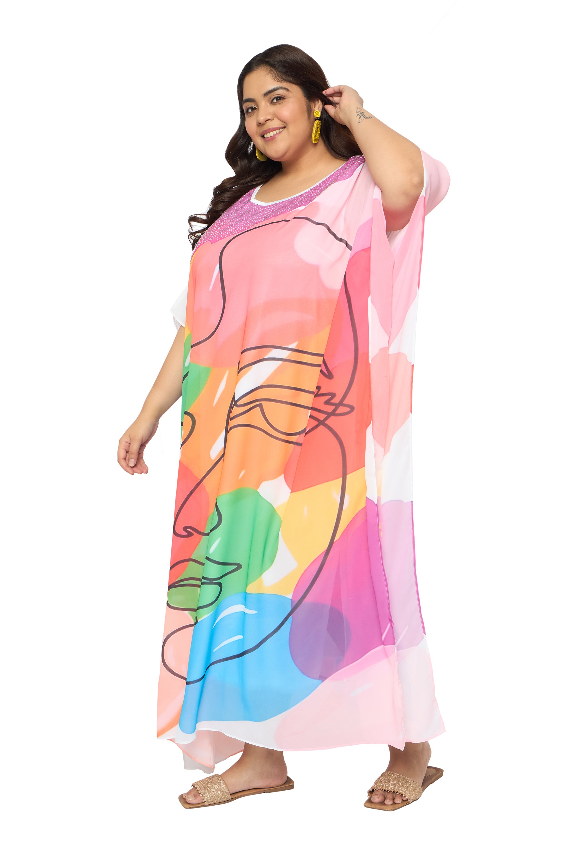 Multicolor Lady Print Georgette Women Plus Size Kaftan Vacation Dress