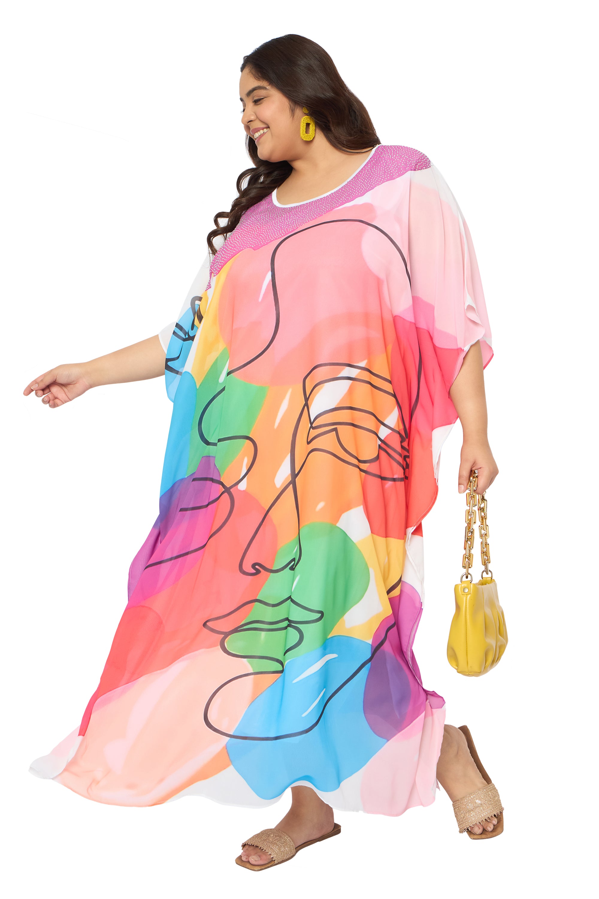 Multicolor Lady Print Georgette Women Plus Size Kaftan Vacation Dress