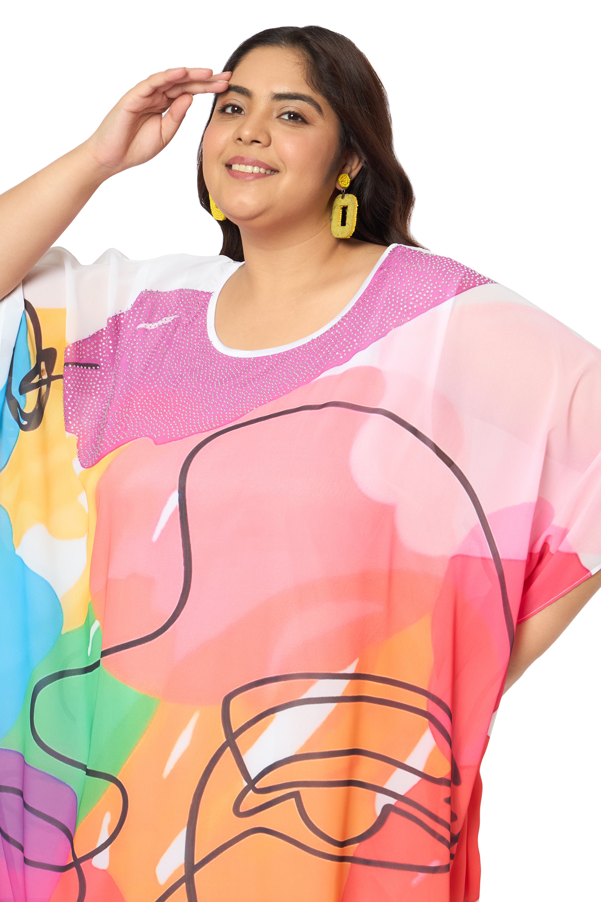 Multicolor Lady Print Georgette Women Plus Size Kaftan Vacation Dress