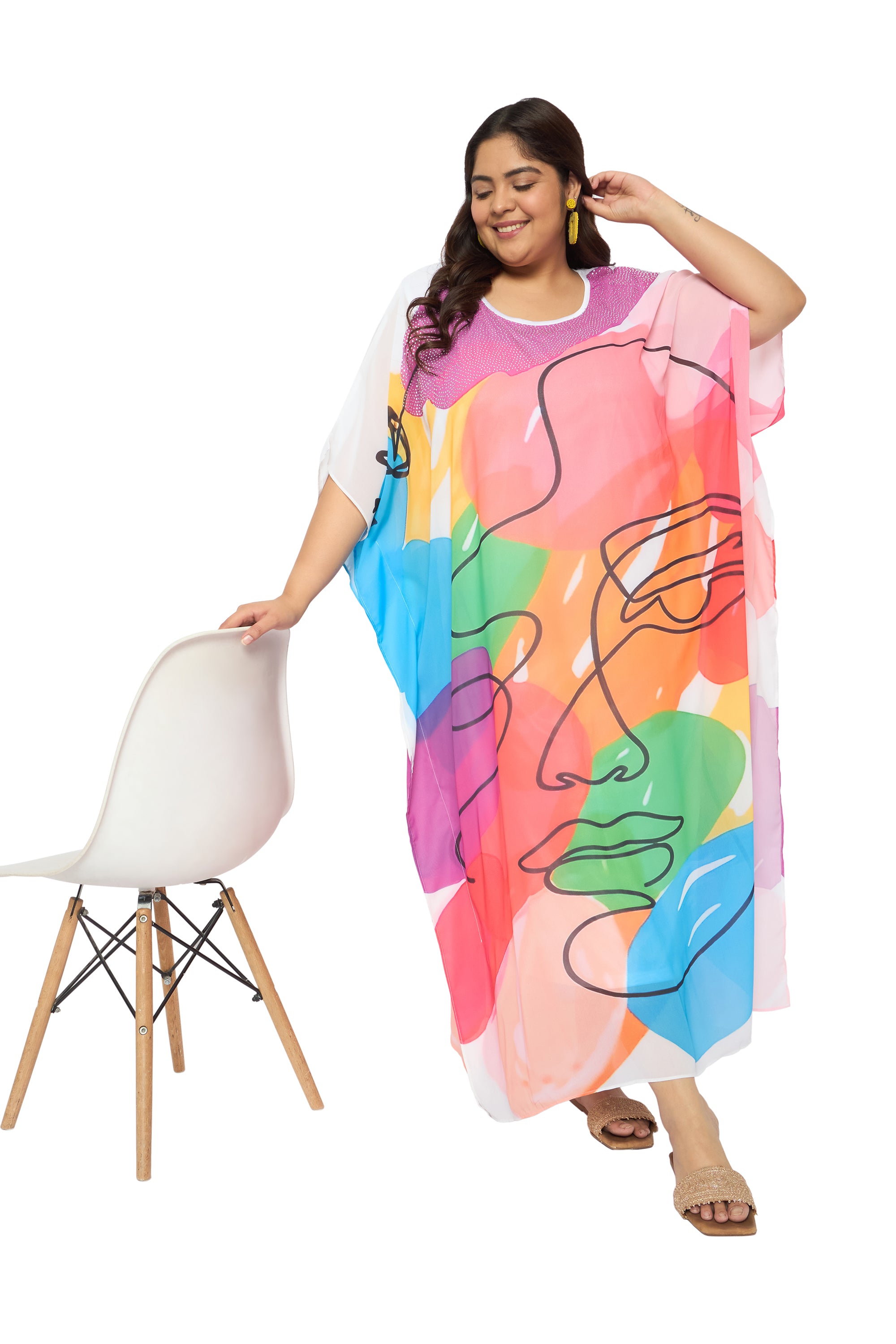 Multicolor Lady Print Georgette Women Plus Size Kaftan Vacation Dress