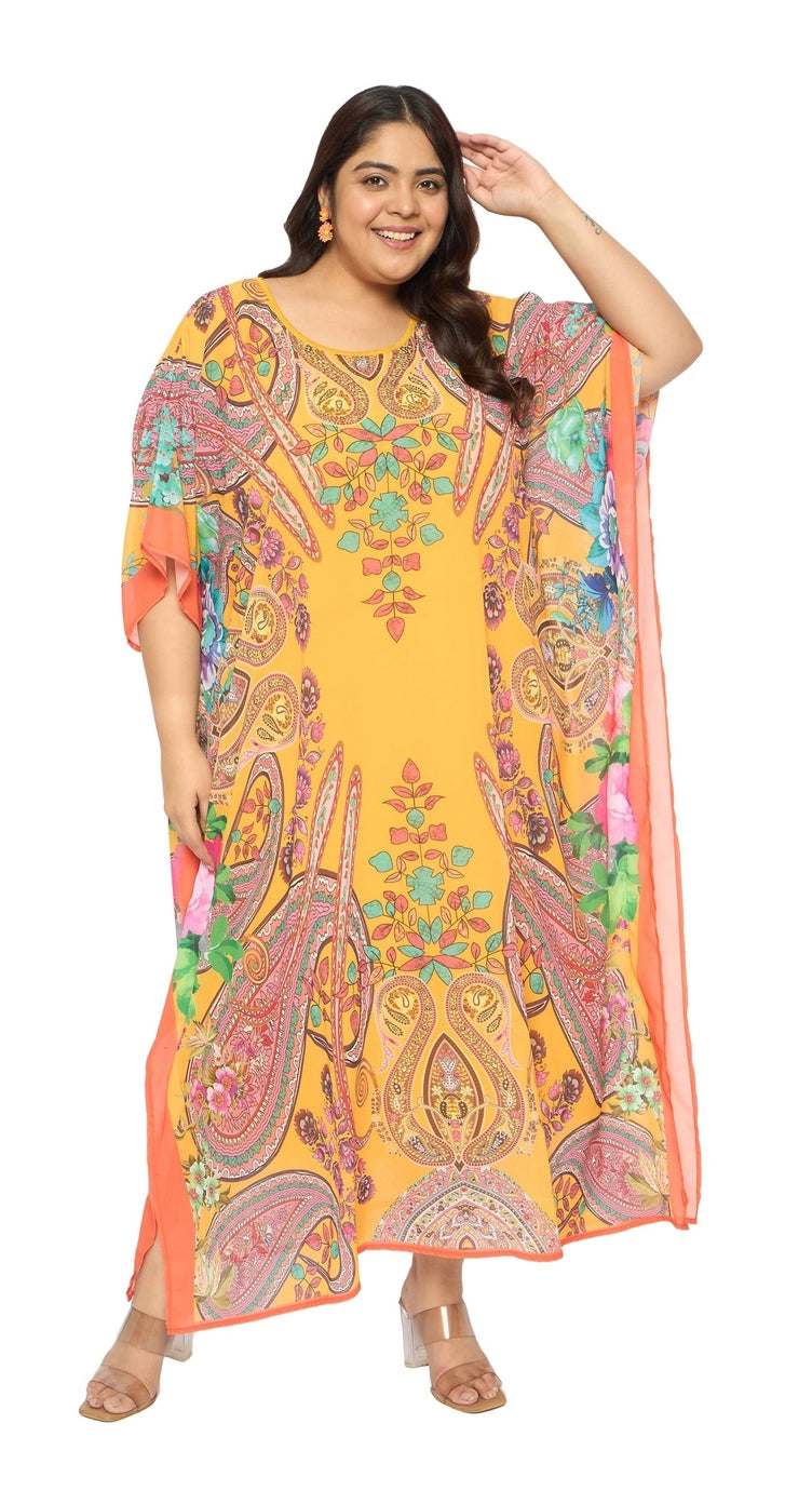 Yellow Paisley Georgette Kaftan for Women Plus Size Summer Wear - SKU GKT-1013 M - Gypsie Blu