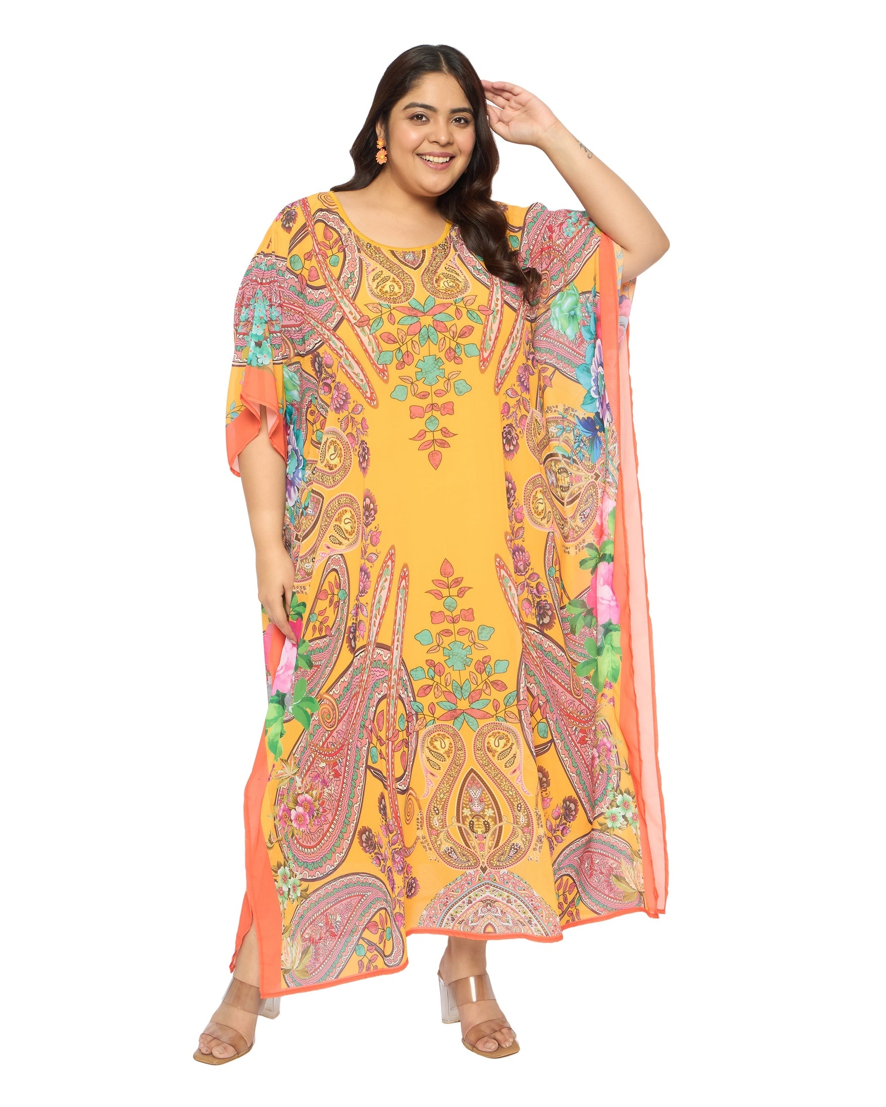 Paisley Yellow Georgette Plus Size Round Neck Long Kaftan Dress for Wo