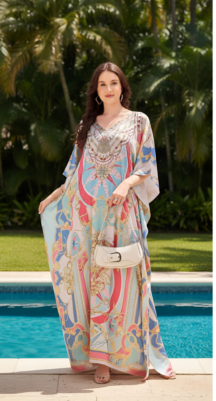 Baroque Pastel Blue Satin Silk Kaftan Dress for Women Plus Size