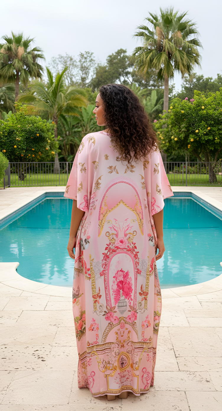 Pink satin plus size kaftan dress with ornate baroque print, embellished neckline and 3/4 sleeves — another angle
