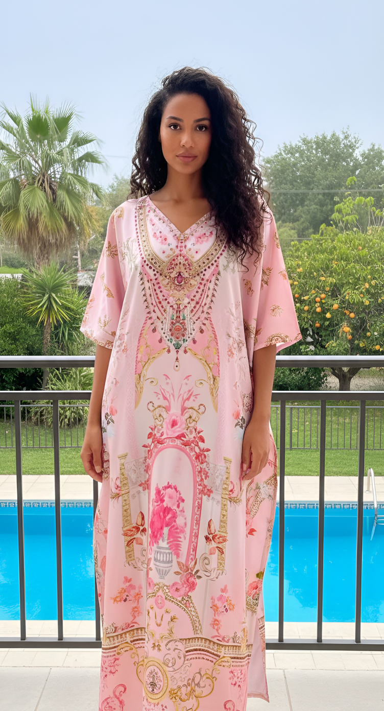 Pink satin plus size kaftan dress with ornate baroque print, embellished neckline and 3/4 sleeves