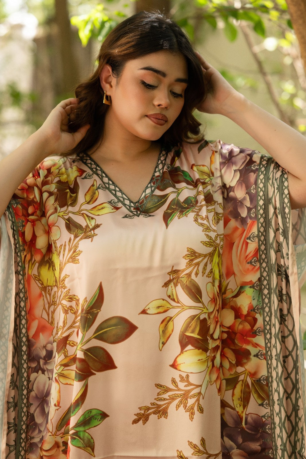 Leaf Print Peach Satin Silk Women Plus Size Kaftan Beach Dress