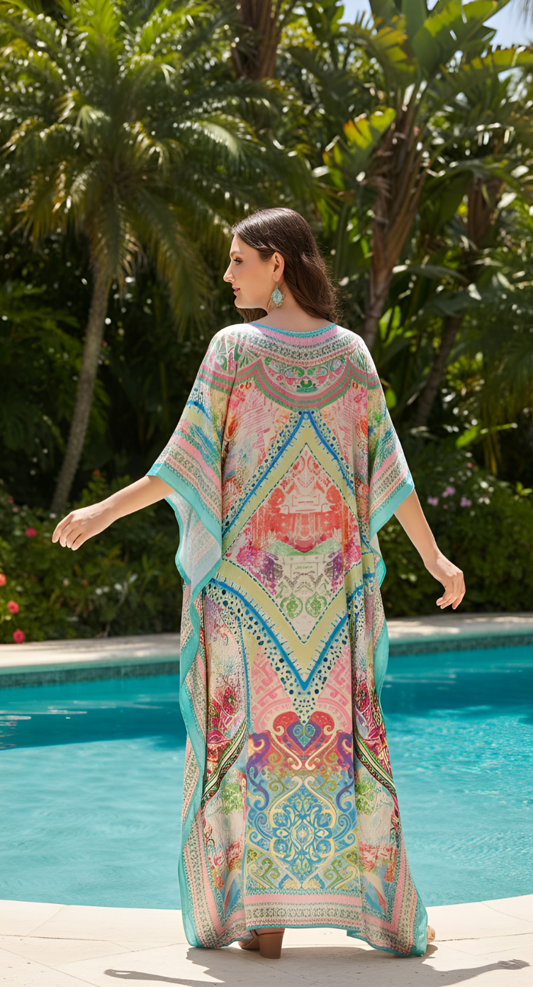 Geometric Pastel Pink Satin Silk Women Plus Size Kaftan Dress