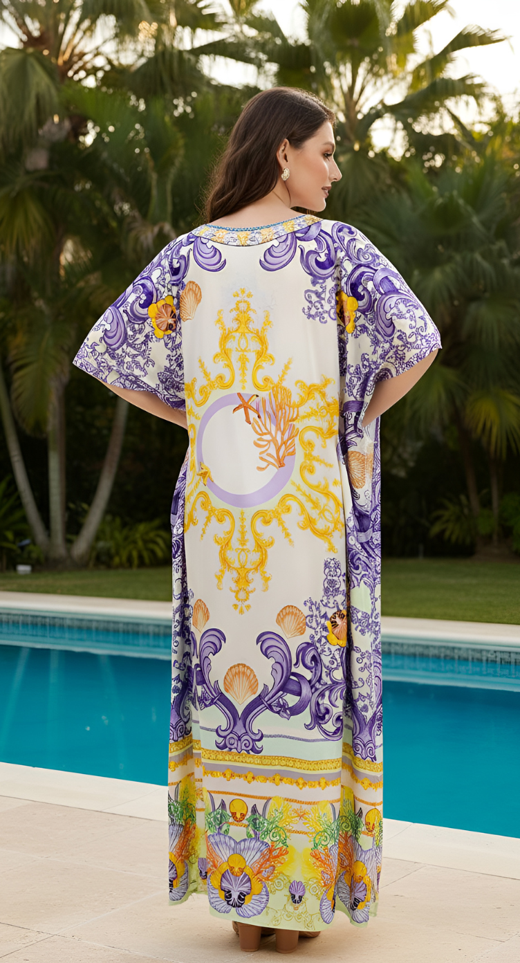 Baroque Cream Satin Silk Kaftan Dress for Women Plus Size