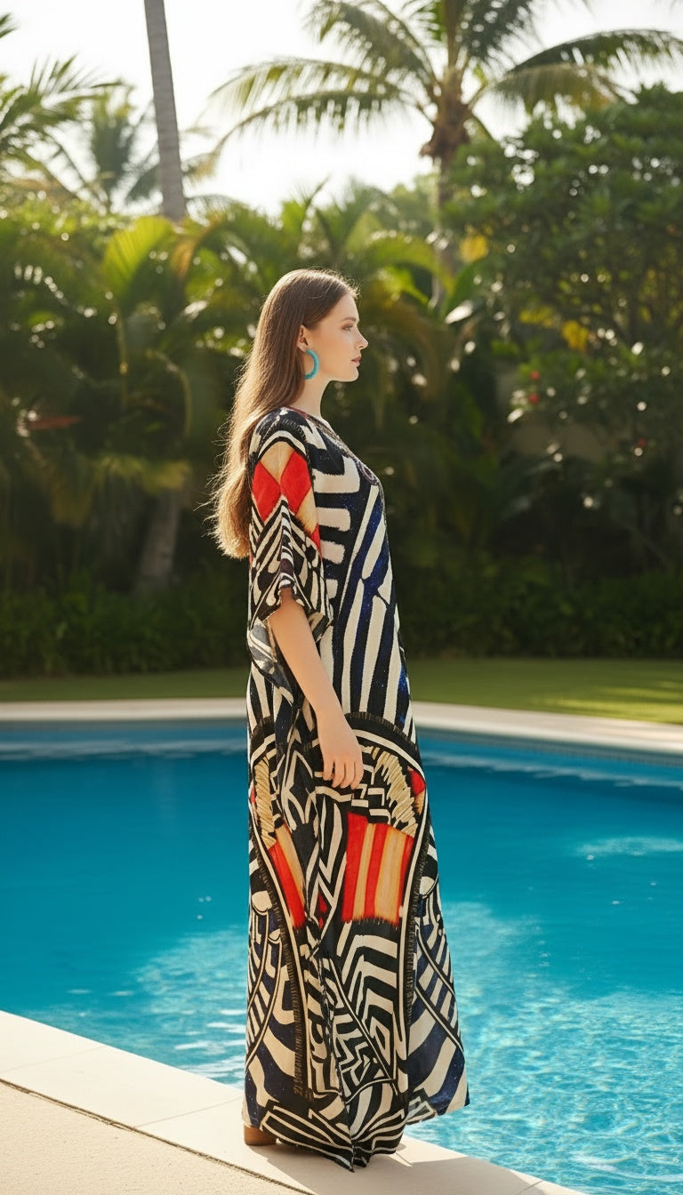 Abstract Black Satin Silk Caftan Dress For Women Plus Size