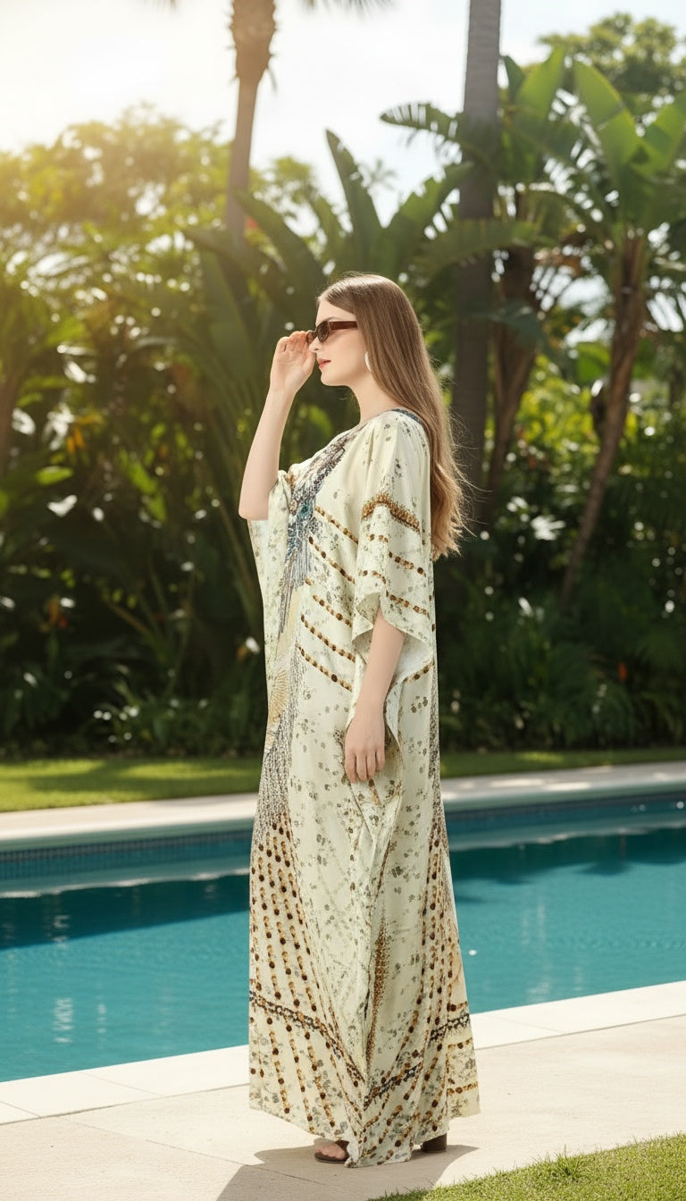 Jewelry Print Light Beige Satin Silk Women Plus Size Caftan Dress