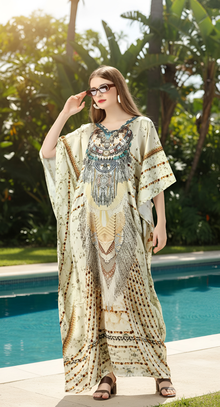 Jewelry Print Light Beige Satin Silk Women Plus Size Caftan Dress