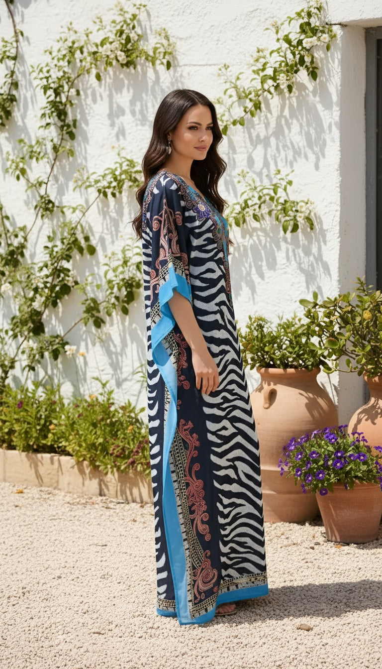 Zebra Stripe Black Satin Silk Caftan Dress For Women Plus Size