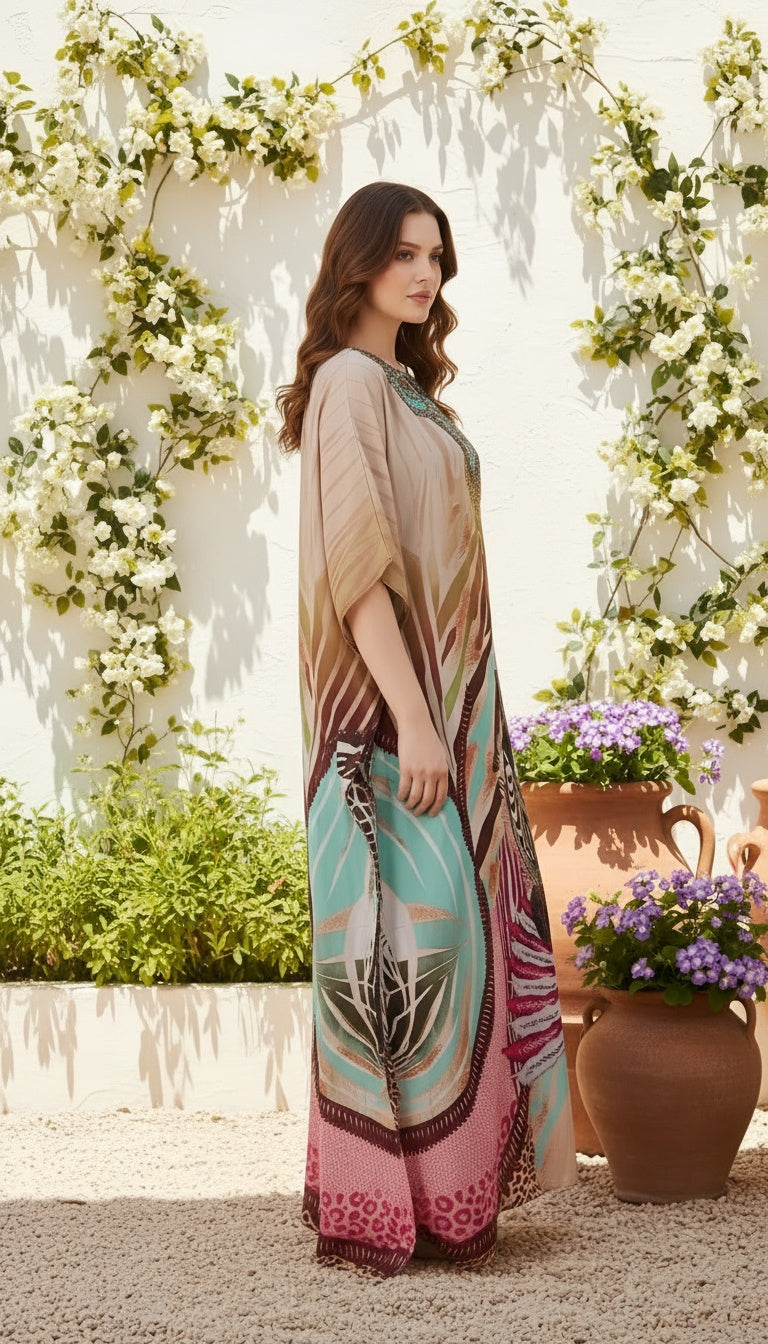 Tribal Beige Silk Satin Silk Women Plus Size Caftan Dress