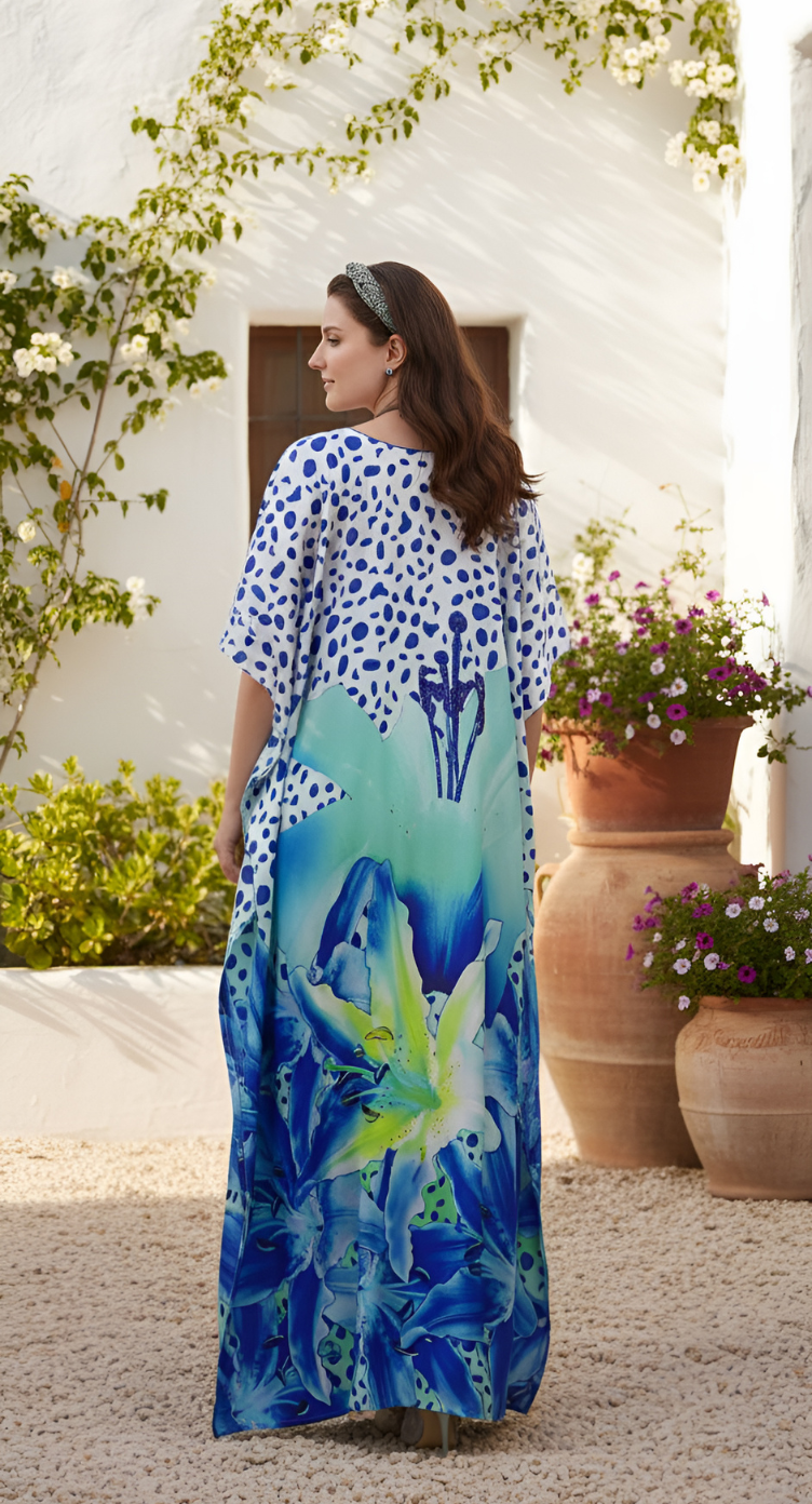 Abstract Navy Blue Satin Silk Women Plus Size Kaftan Dress