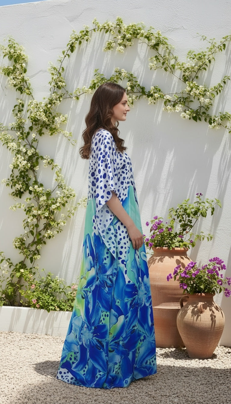 Abstract Navy Blue Satin Silk Women Plus Size Kaftan Evening Dress - SKU KAF152-1021 - Gypsie Blu