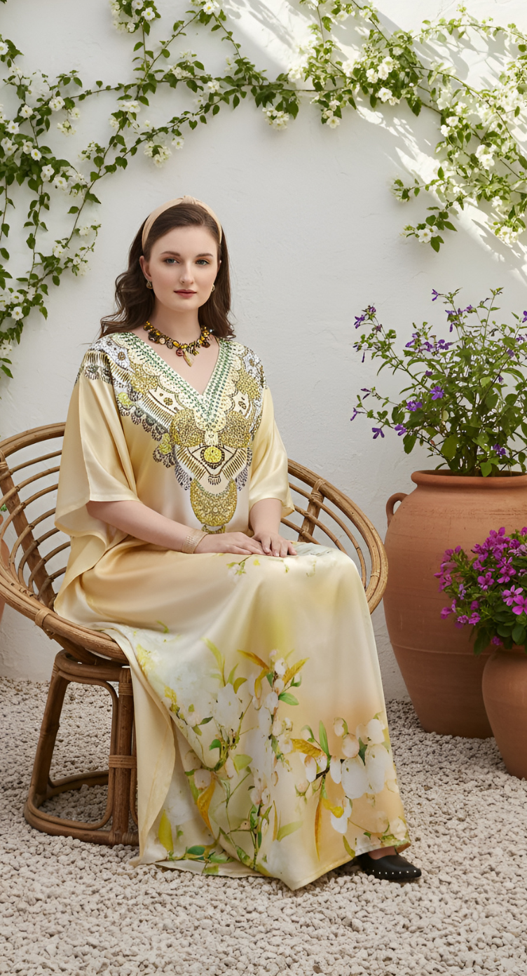 Floral Cream Satin Silk Kaftan Dress for Women Plus Size