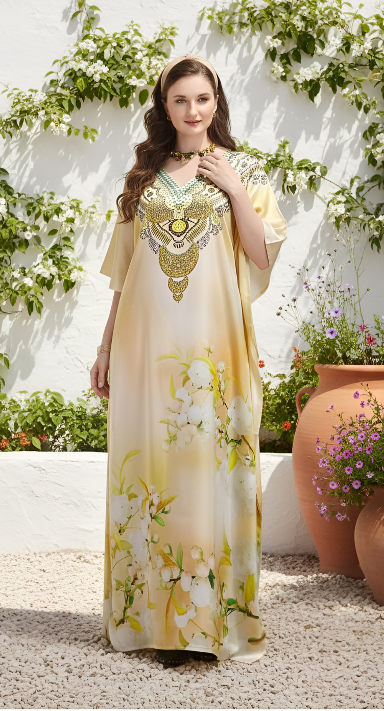 Floral Cream Satin Silk Kaftan Dress for Women Plus Size
