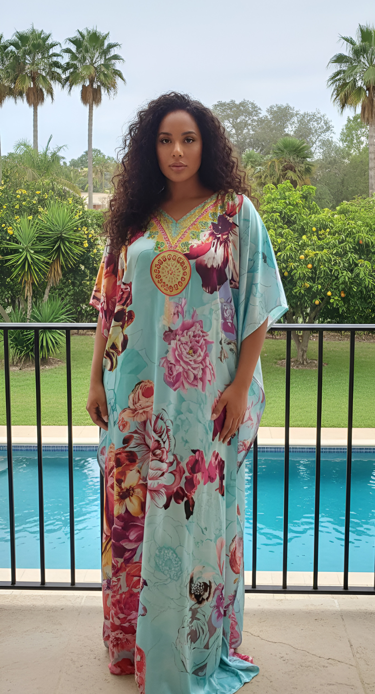 Floral Light Turquoise Satin Silk Women Plus Size Caftan Dress