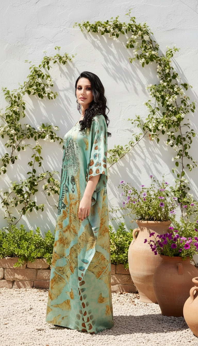 Ethnic Mint Green Satin Silk Women Plus Size Kaftan Dress