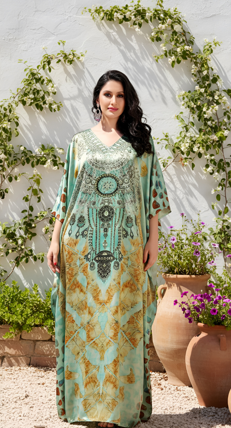 Ethnic Mint Green Satin Silk Women Plus Size Kaftan Dress