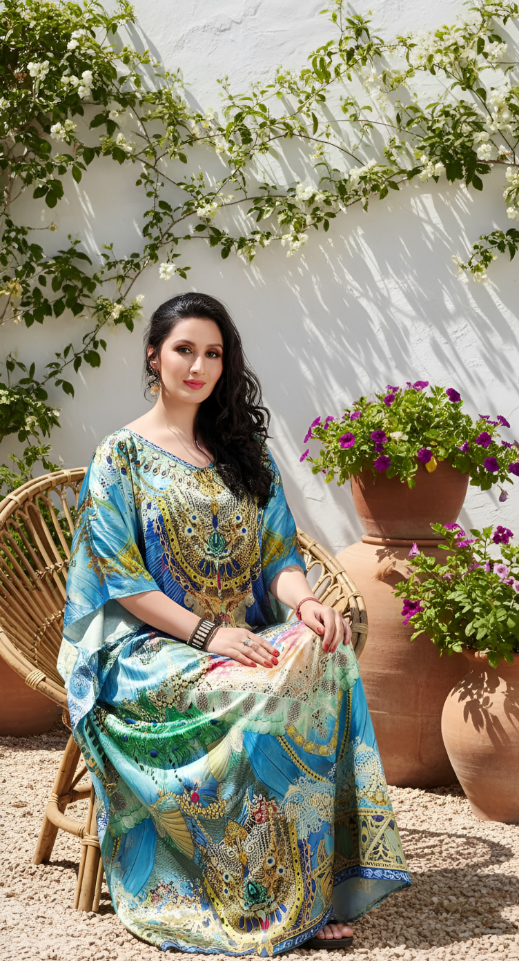 Ornamental Bright Blue Satin Silk Caftan Dress For Women Plus Size