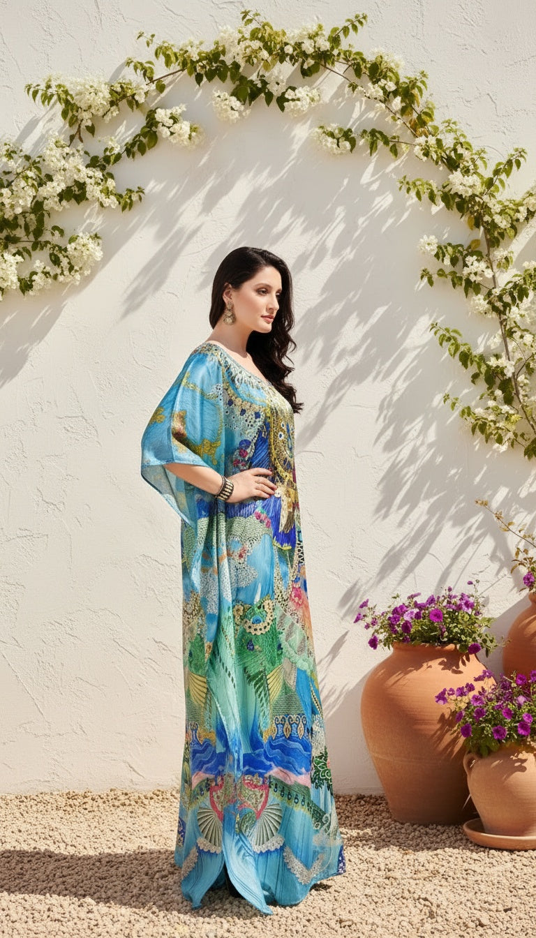 Bright Blue Satin Silk Caftan Dress For Women Plus Size