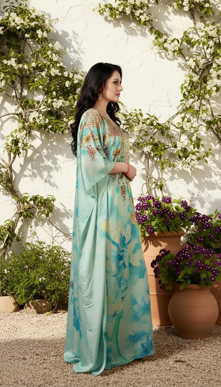 Floral Mint Green Satin Silk Women Plus Size Caftan Dress