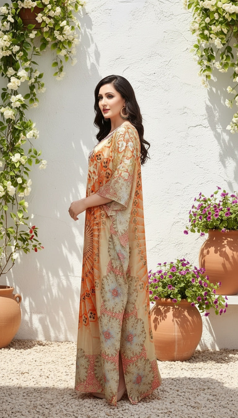 Geometric Beige Satin Silk Women Plus Size Kaftan Dress