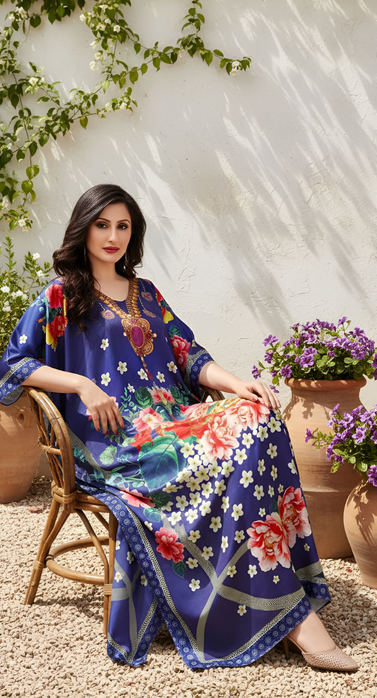 Floral Royal Blue Satin Silk Kaftan Dress for Women Plus Size