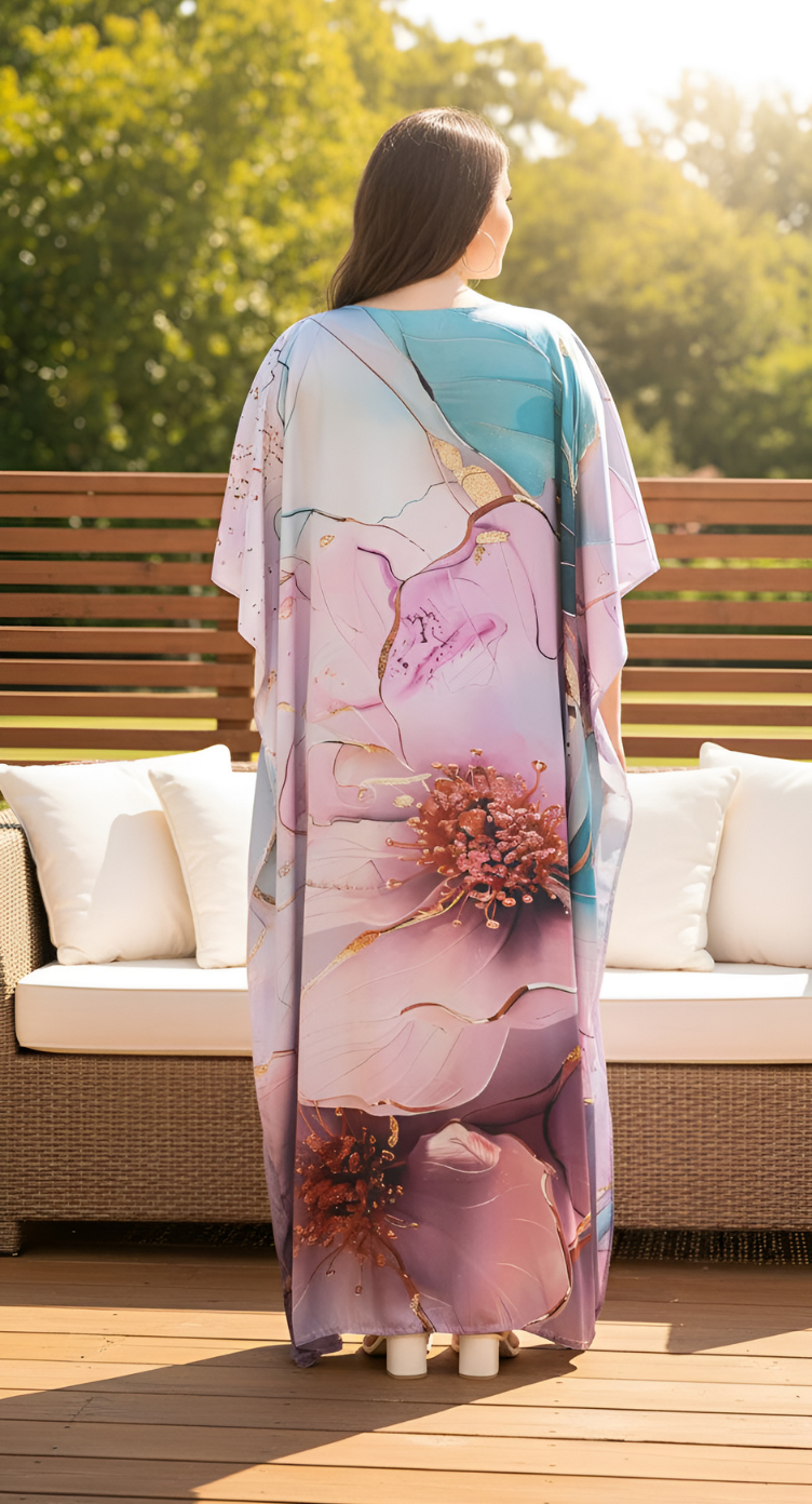 Floral Pastel Lavender Satin Silk Women Plus Size Caftan Dress