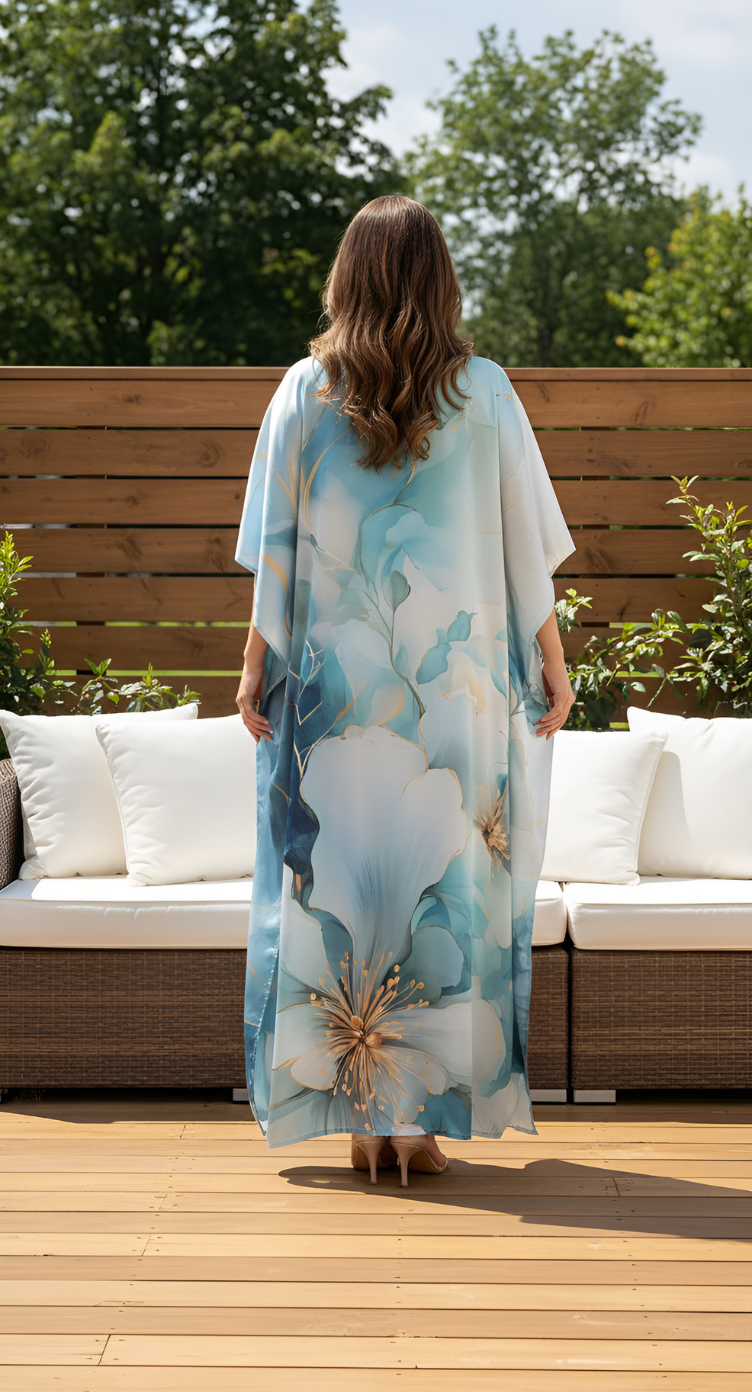 Floral Light Blue Satin Silk Caftan Dress For Women Plus Size