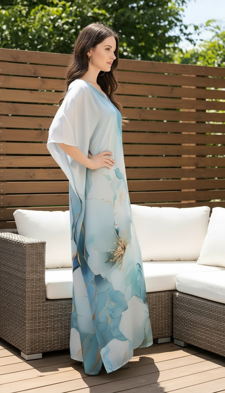 Floral Light Blue Satin Silk Caftan Dress For Women Plus Size
