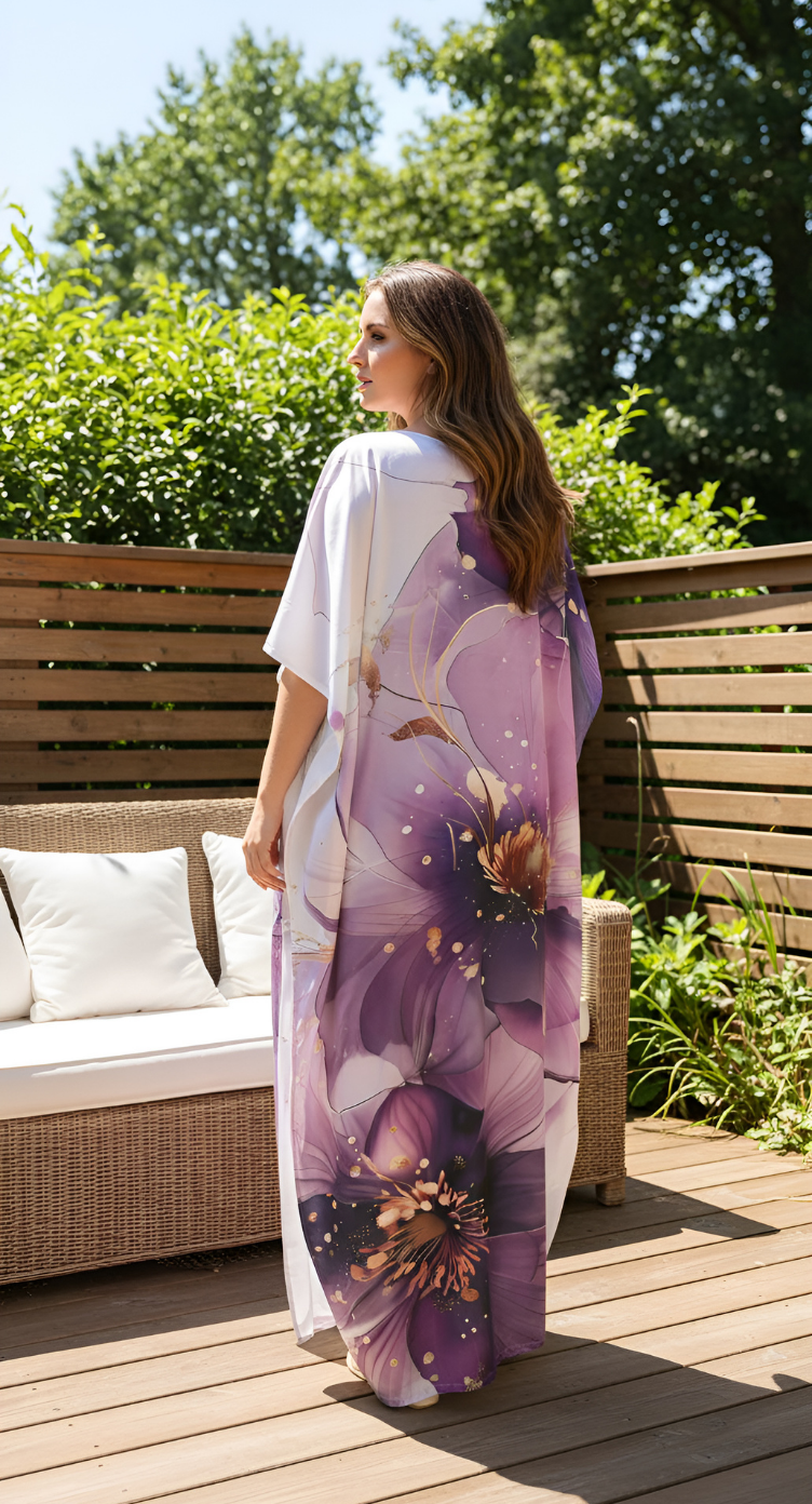 Floral Light Purple Satin Silk Women Plus Size Caftan Dress